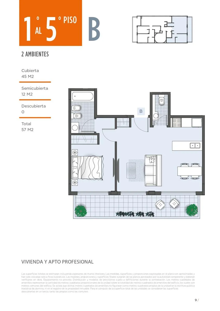 Departamento en Julian Alvarez 725 5° B - 2 amb con balcon de pozo