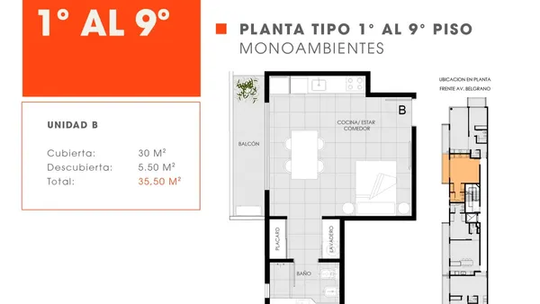 Departamento en Av. Belgrano 3588 4° B - Monoambiente con balcón en construcción en Almagro.