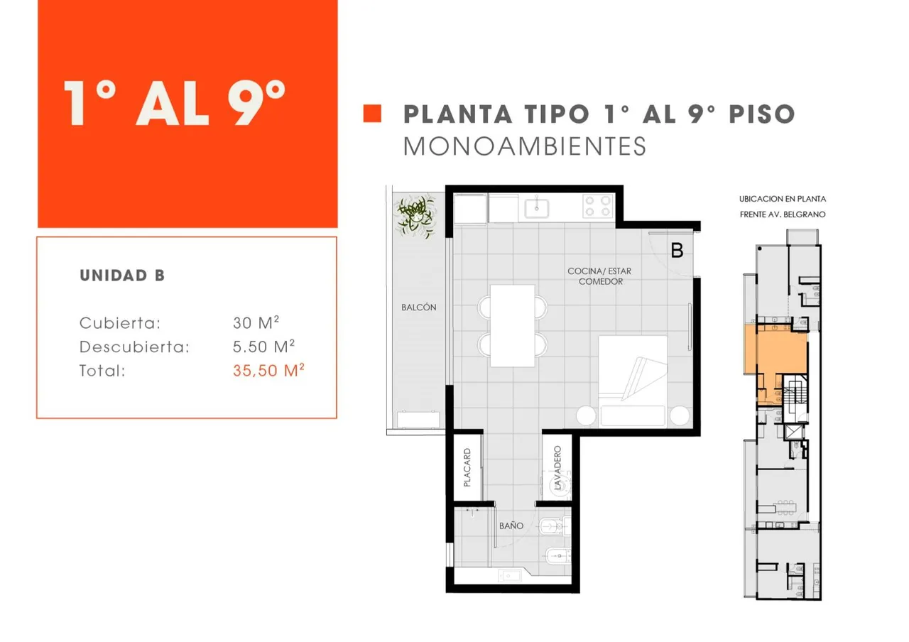 Departamento en Av. Belgrano 3588 7° B - Monoambiente con balcón en construcción en Almagro.