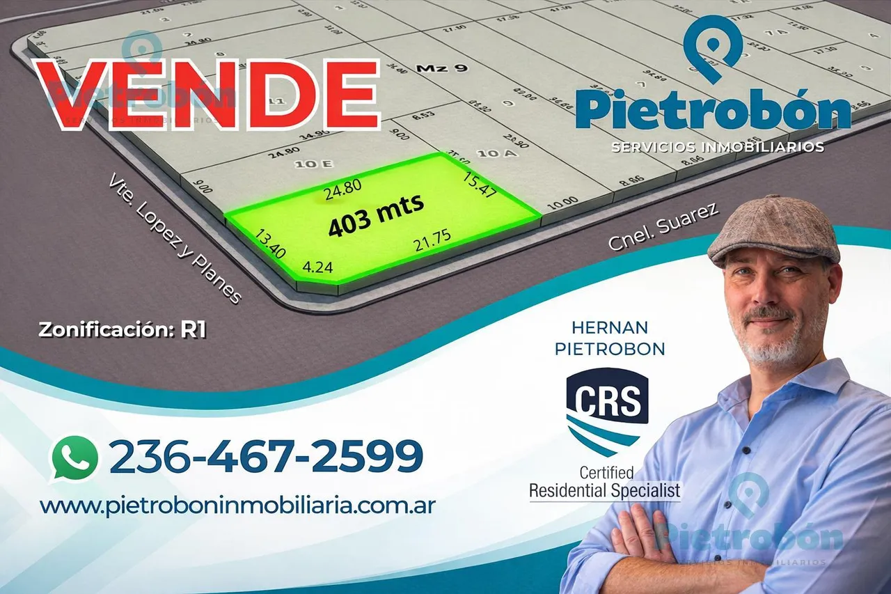 Terreno en Lote TERRENO Esquina - 403 m² | Zona R1 | Vicente López y Cnel. Suárez – Junín
