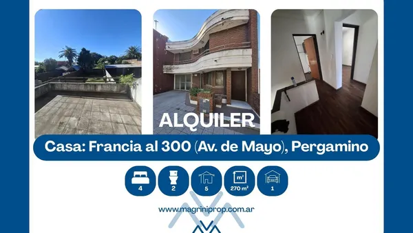 Casa en Alquiler Casa 4 Dormitorios Francia y Av. De Mayo, Pergamino, Buenos Aires